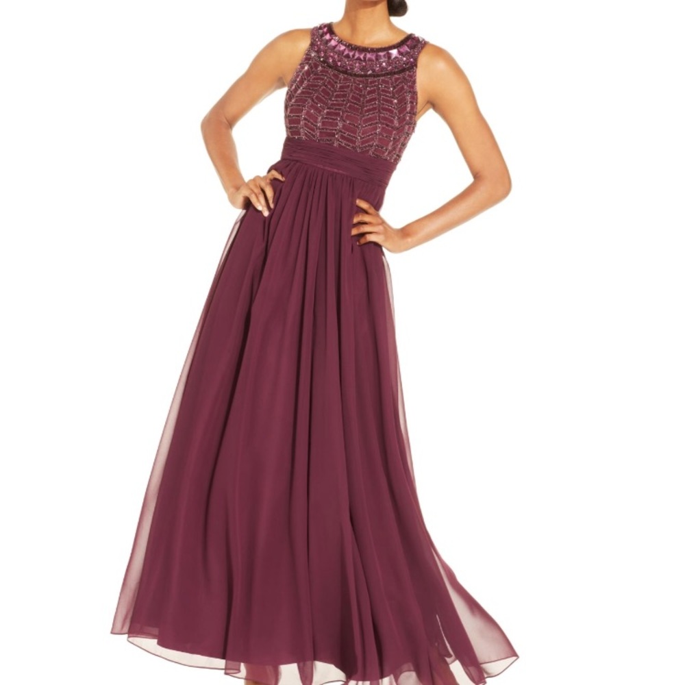 JS Collections purple chiffon dress w/ beaded top